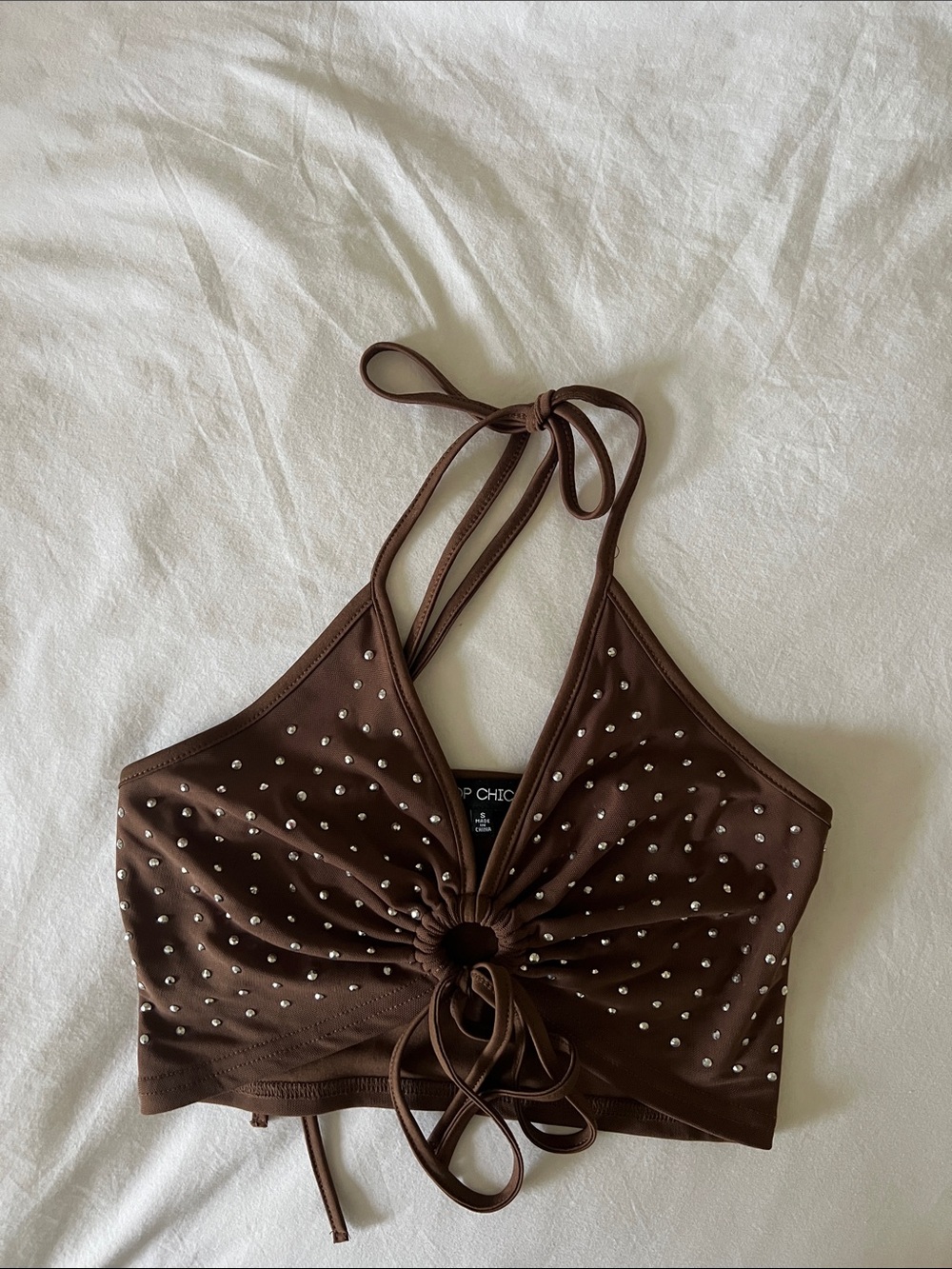 Brown Studded Halter Crop Top